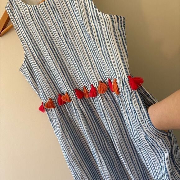 THML Blue White Vertical Striped 100% Cotton Dress Pockets Red Tassels women's S - Picture 4 of 12